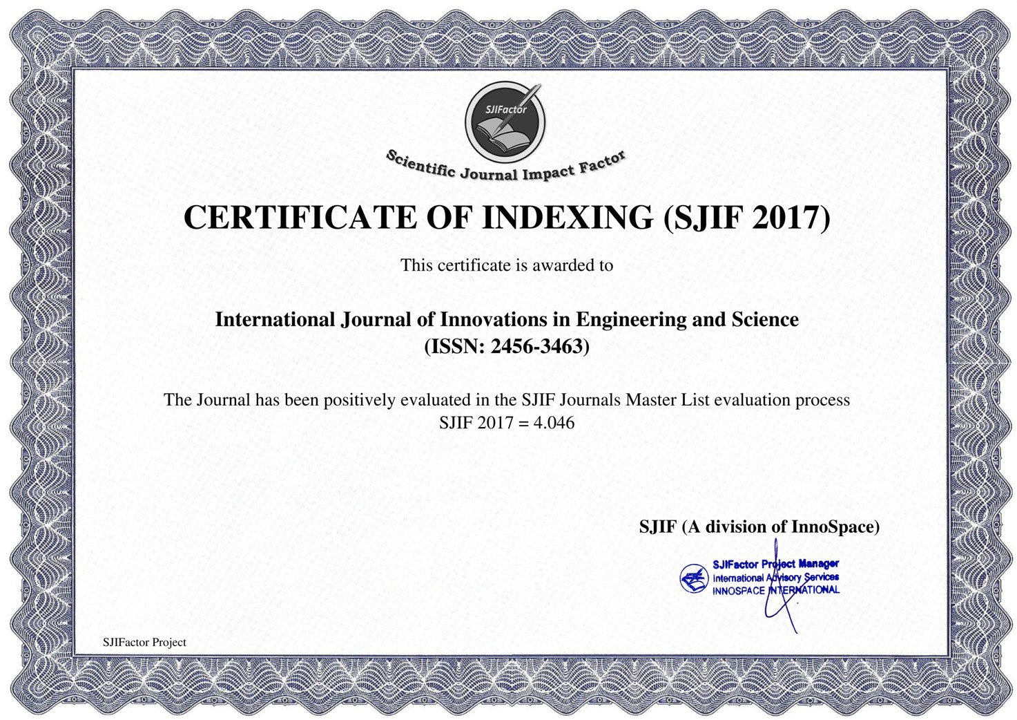 ISRA JIF Certificate 2017